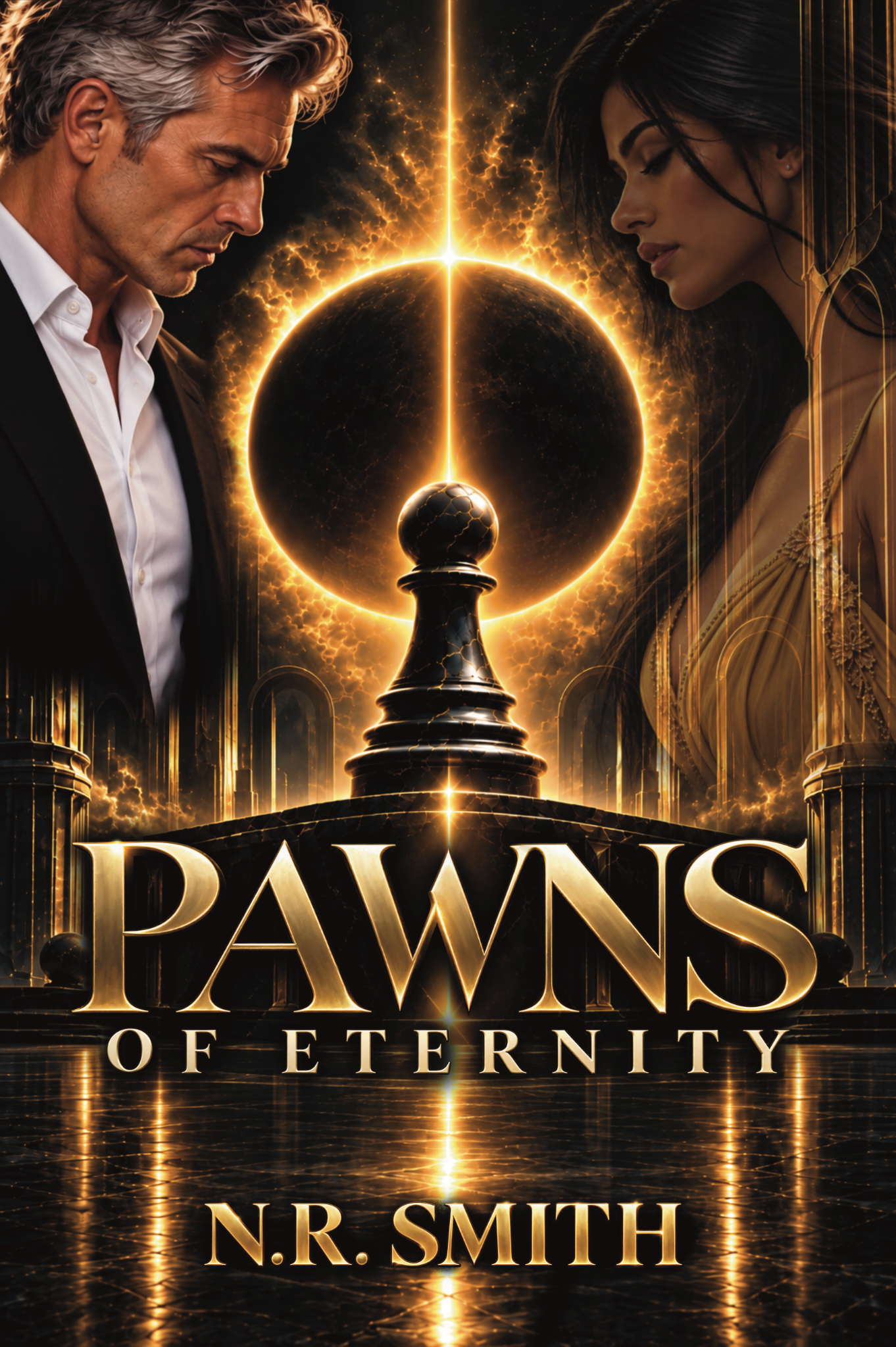 Pawns of Eternity by N.R. Smith, featuring Ron, Lucía, a golden eclipse and a black pawn.