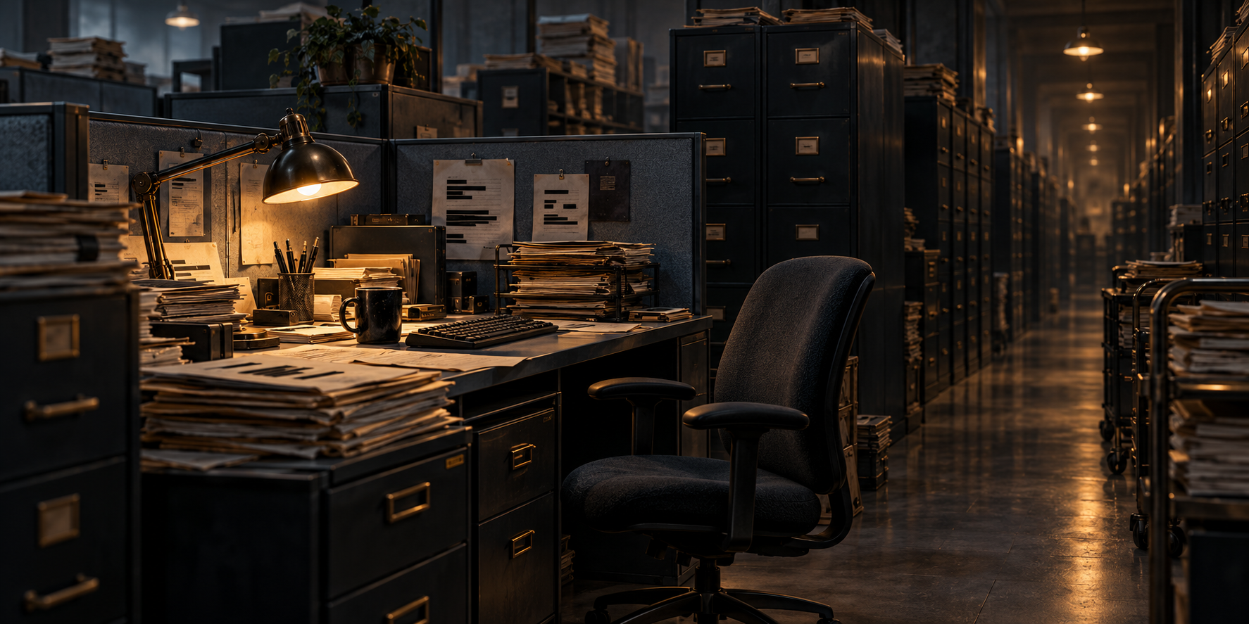 An empty desk and stacks of folders in an ordinary Afterlife records office.