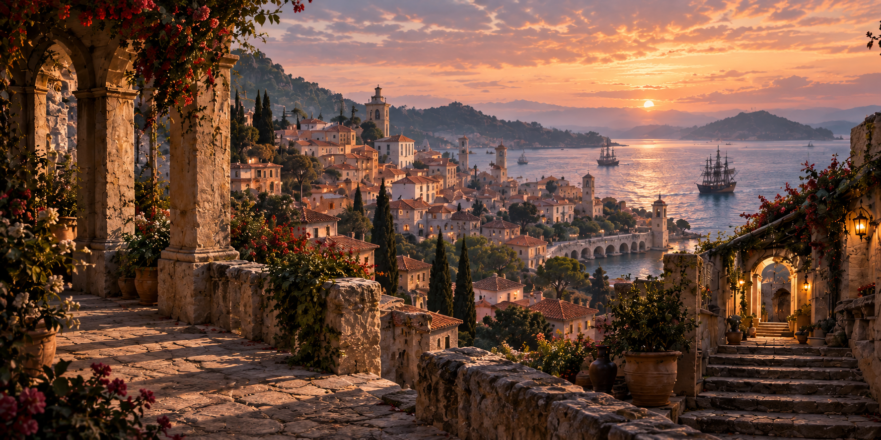 An ancient coastal town with terracotta rooftops, stone arches, and sailing ships at sunset.